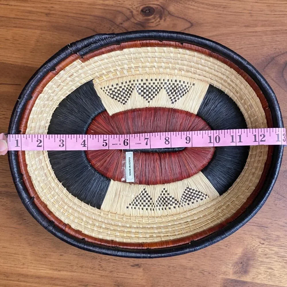 Handmade Kenyan Woven Sisal Basket 11x13 Oval Geometric Boho Bread Bowl Wall Art